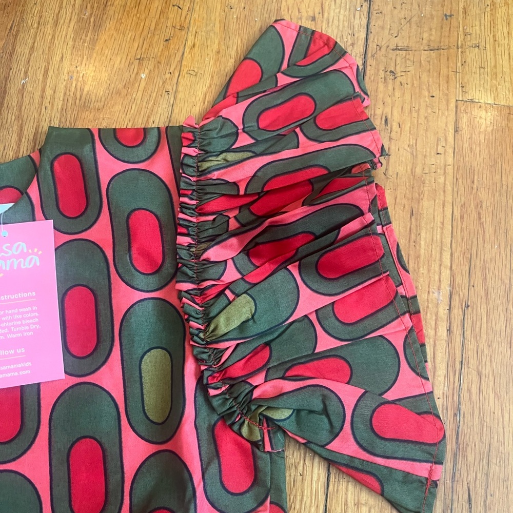 Elisamama size 8 Years Nigerian Green Red Print Ruffle Sleeve NWT Dress African - Picture 4 of 7